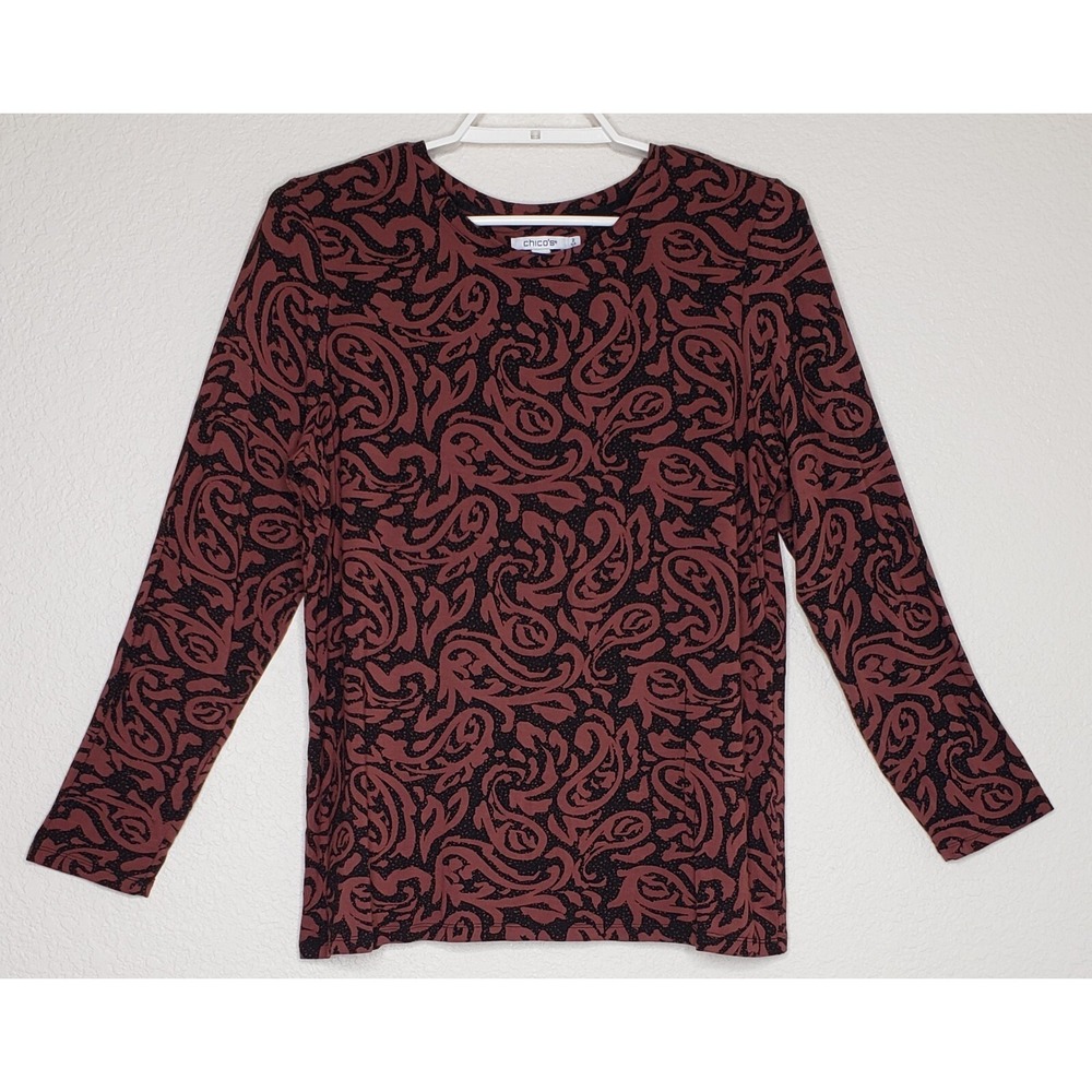 Chico's Top Sz 2 Large Long Sleeve Rust Black Paisley Print Rayon Spandex Blend